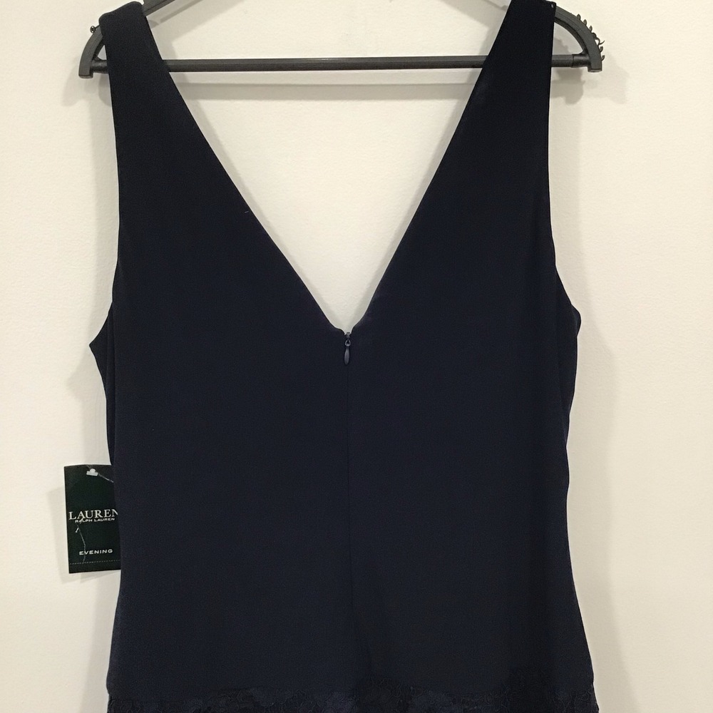Lauren Ralph Lauren Dress Women 16 Navy Blue New Lace Trim Surplice V-Neck - Picture 13 of 16